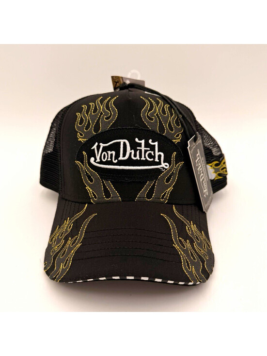Von Dutch Other - Von Dutch Black/Gold Flame Trucker Hat Mesh Back Adjustable One Size
